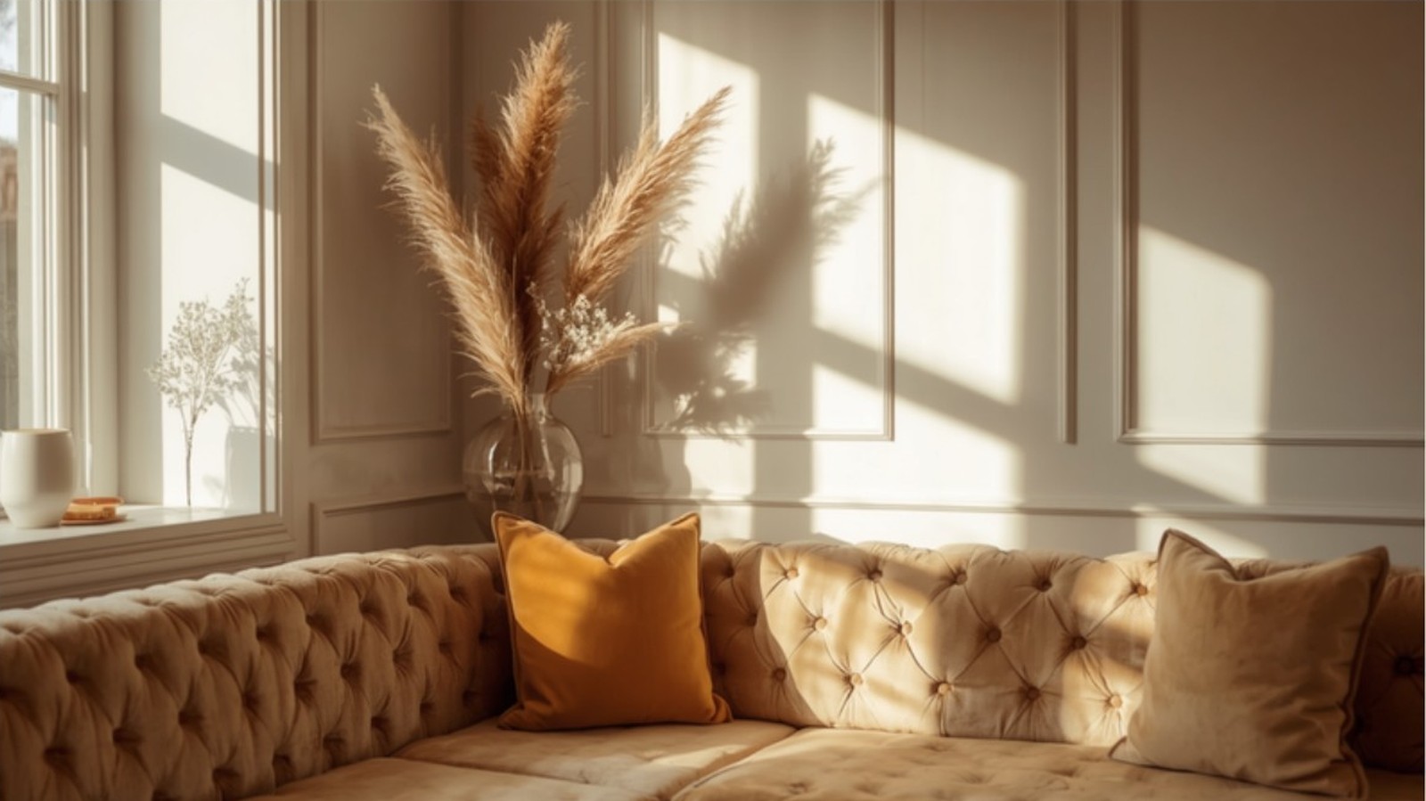 Ruhige Lounge-Ecke mit Samt-Sofa und Pampasgras für einen diskreten Anlass